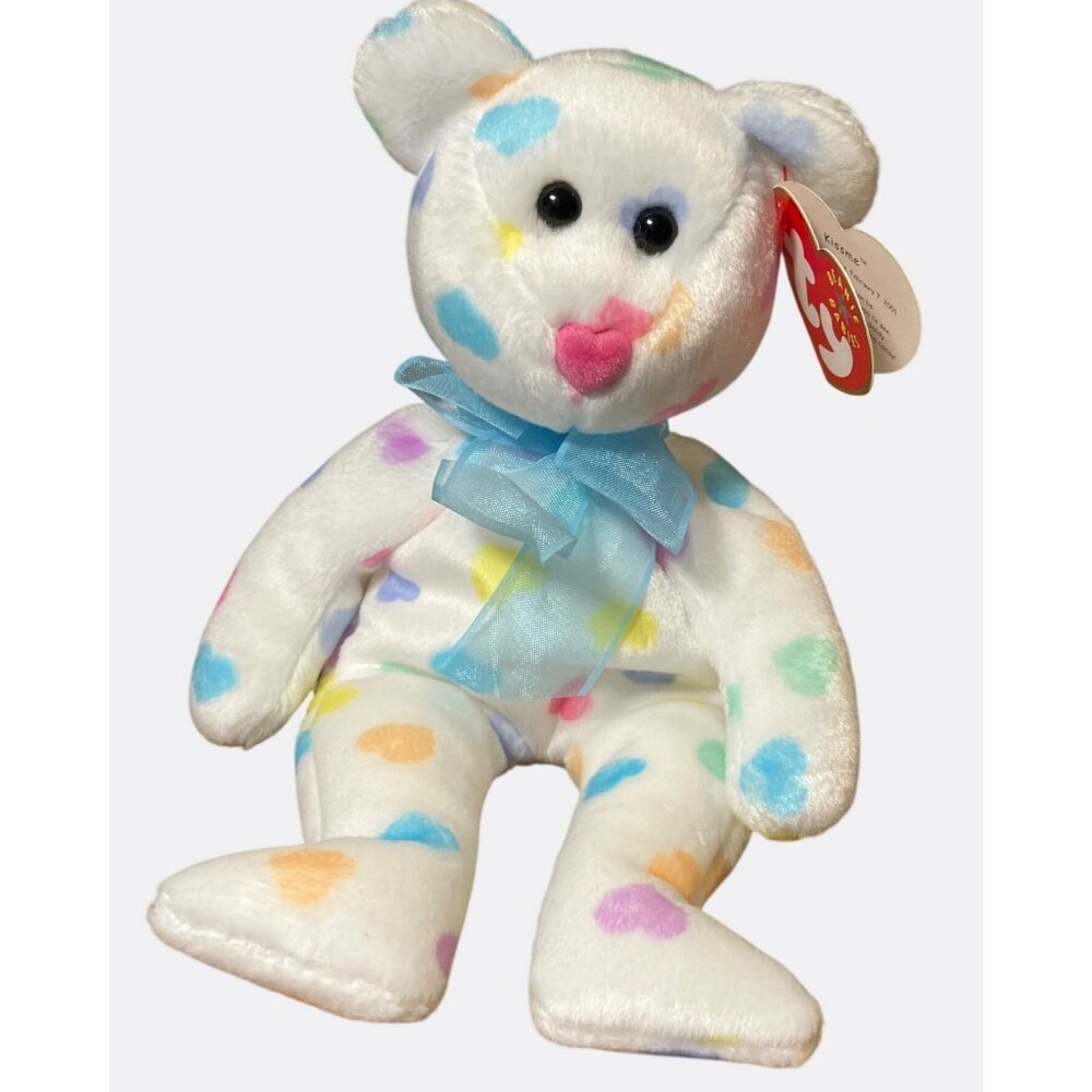 Ty Beanie Babies Kissme Bear Plush White W/ Multicolor Valentine Hearts 8 Inch